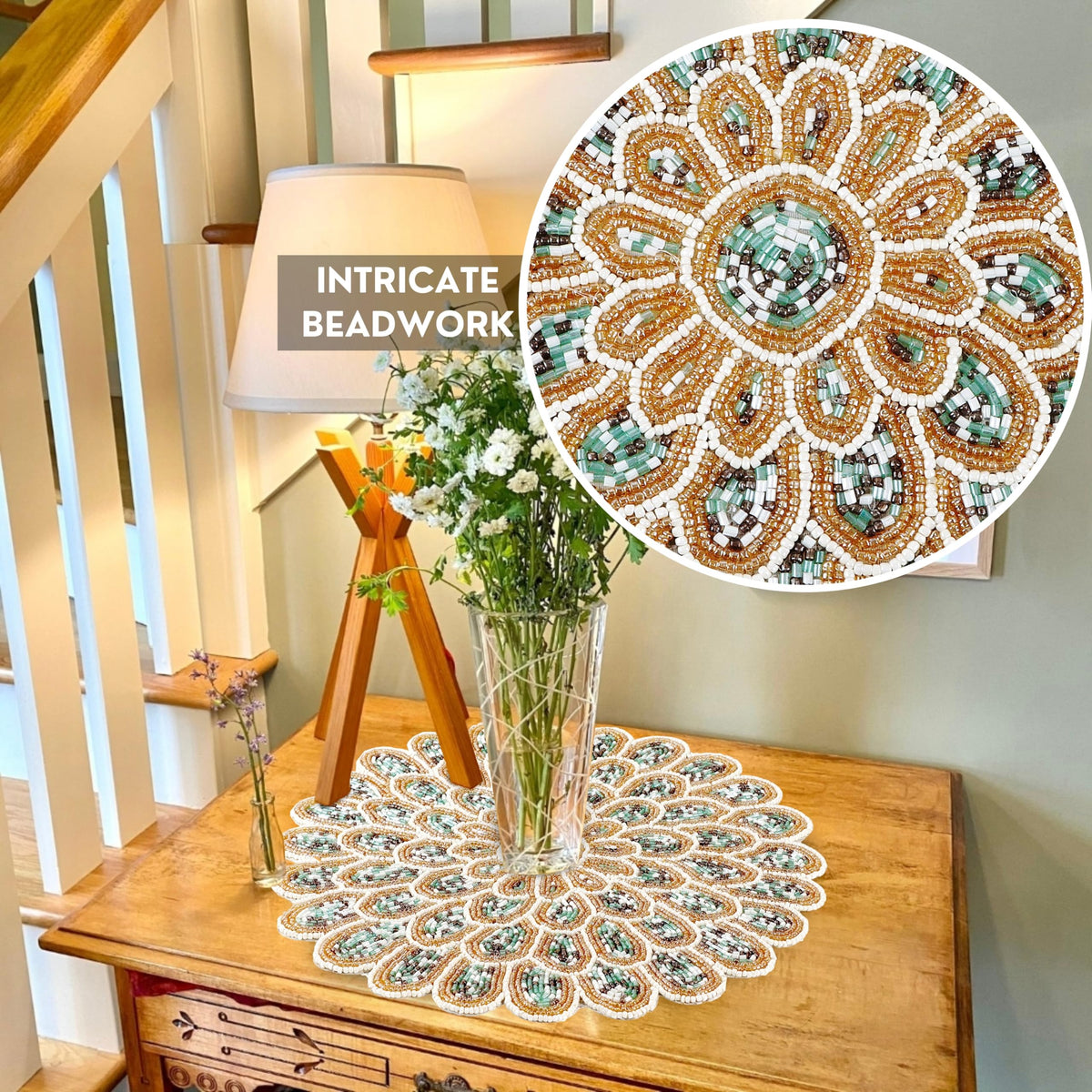 ALPHA Living HOME Beaded Placemat – Green, Gold & Ivory, 13 Inch, Set of 1