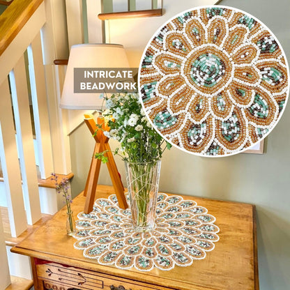 ALPHA Living HOME Beaded Placemat – Green, Gold & Ivory, 13 Inch, Set of 1