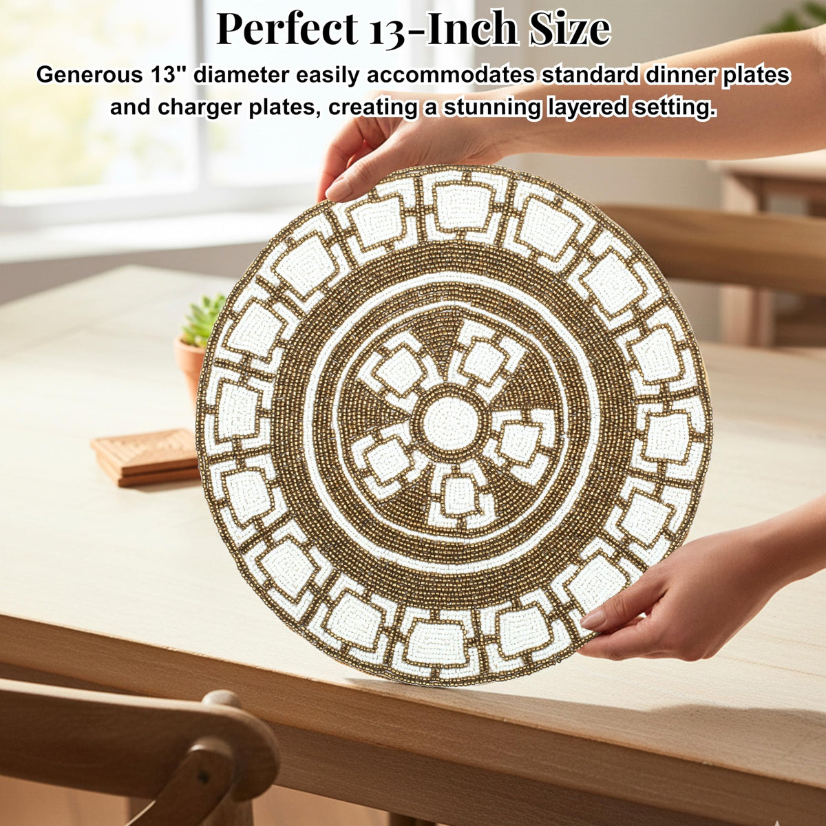 ALPHA Living HOME Round Beaded Placemat – Brown & White, Set of 1