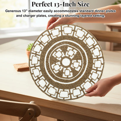 ALPHA Living HOME Round Beaded Placemat – Brown & White, Set of 1