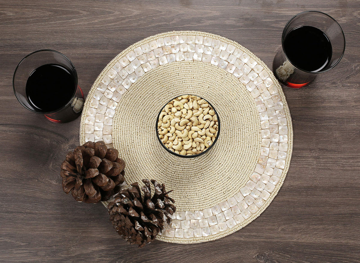 ALPHA LIVING 13-Inch Round Beaded Placemats, Ivory, Set of 2