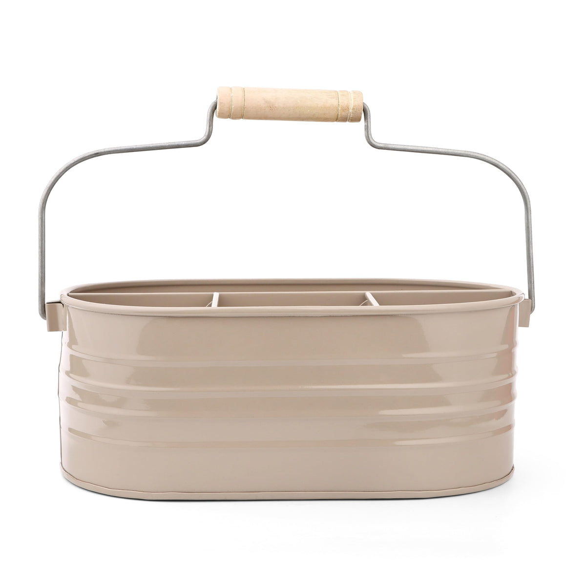 Alpha Living Home Multi-Functional Utensil Silverware Caddy - 4 Compartment Organizer for Kitchen, Party & Office – Durable Beige Powder-Coated Iron Alloy with Wooden Handle