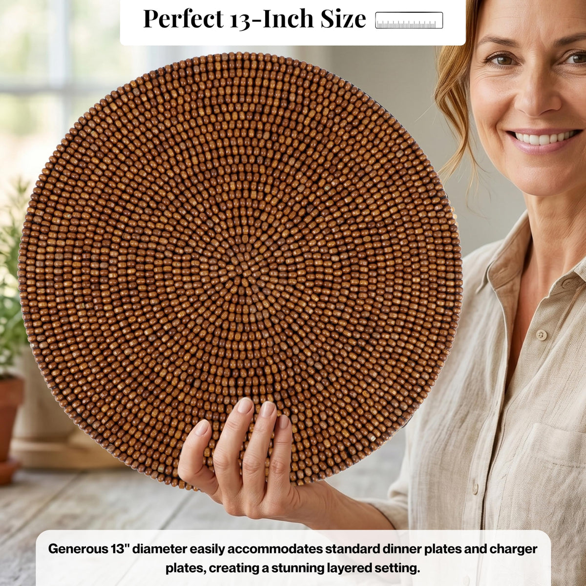 Round Woven Placemats 2 Pack, Natural Wood Place mats with Cotton Back, Table Mats for Dining Table, Fall, Halloween, Thanksgiving, Christmas (Dark Brown)