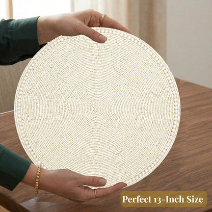 Round Beaded Placemats - Handmade Beaded Table Mat Non-Slip Polyester Backing for Dining Table Decor, Kitchen, Parties, Family Meals Pack of 2 (Ivory) - ALPHA Living HOME