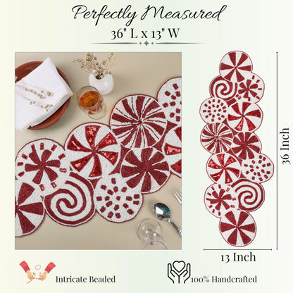 Handmade Beaded Table Runner 13 x 36 Inch - Christmas Floral Glass Bead Decorative Runner for Dining Table, Holiday Centerpiece, Wedding, Farmhouse & Seasonal Home Décor, Red White