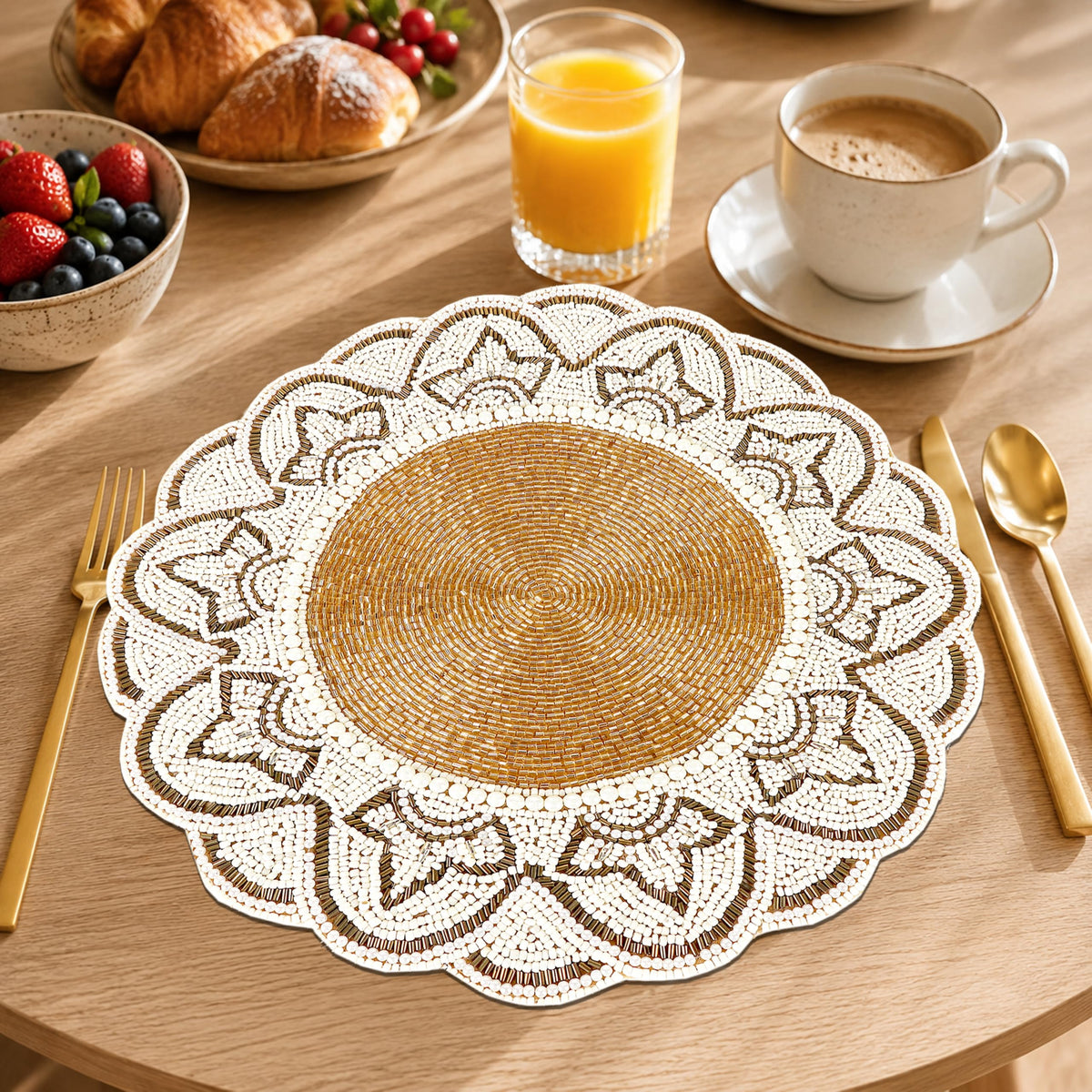 ALPHA Living HOME Glass Beaded Placemats – 13 Inch Round Charger Table Mats, Set of 2 (Ivory Gold)