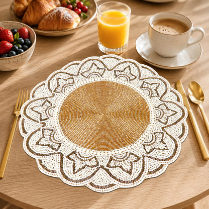 ALPHA Living HOME Glass Beaded Placemats – 13 Inch Round Charger Table Mats, Set of 2 (Ivory Gold)