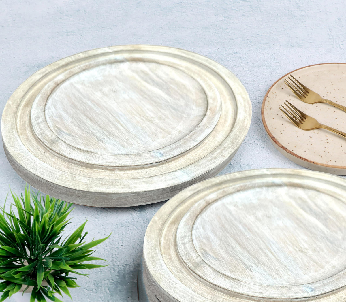 Alpha Living Home 2 Pack Handcrafted Wood Charger Plates - 13" Rustic Round Wooden Dinnerware, Lightweight Decorative Serving Trays for Desserts Appetizers Dining Parties Weddings Cake (White)