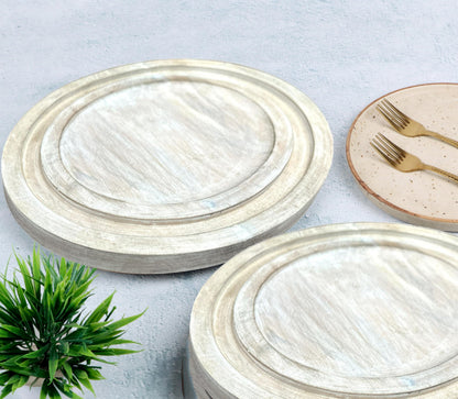 Alpha Living Home 2 Pack Handcrafted Wood Charger Plates - 13" Rustic Round Wooden Dinnerware, Lightweight Decorative Serving Trays for Desserts Appetizers Dining Parties Weddings Cake (White)