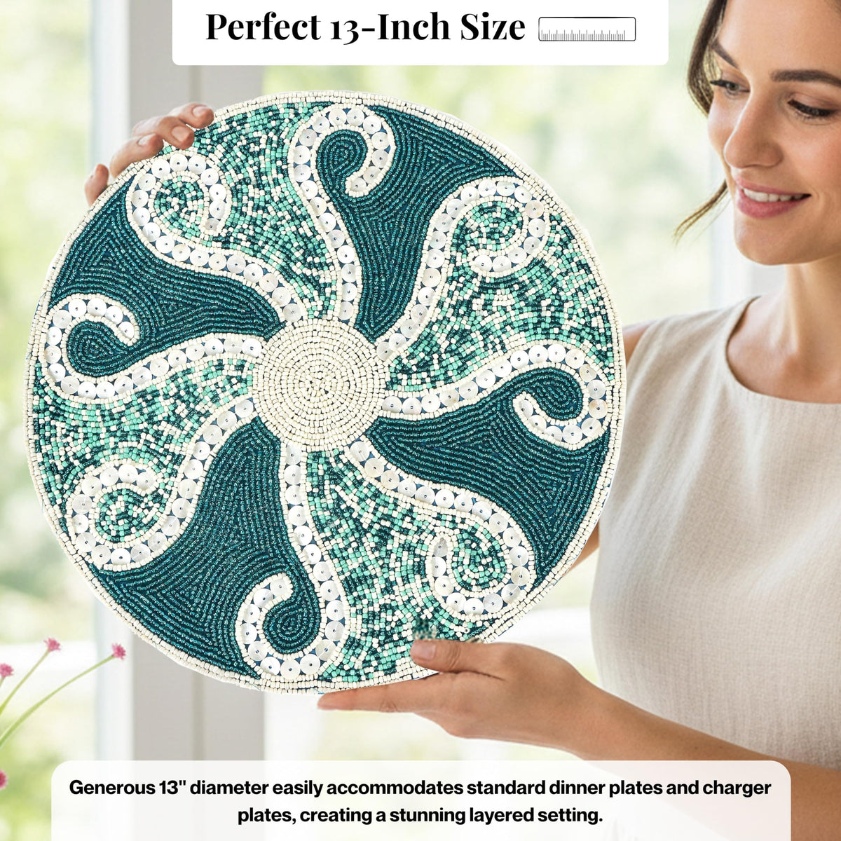 13-Inch Round Beaded Placemat, Teal Ivory, Set of 1
