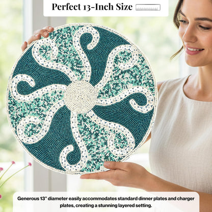 13-Inch Round Beaded Placemat, Teal Ivory, Set of 1