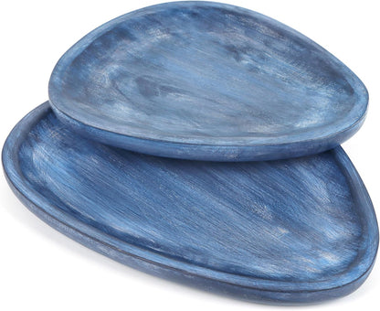 Set of 2 Oval Mango Wood Serving Tray Handmade Metal Fruit Bowl Decorative Vanity Platter Tray, Kitchen Bathroom Counter Storage Counter Organizer, 14/12 Inch - Ebony Blue