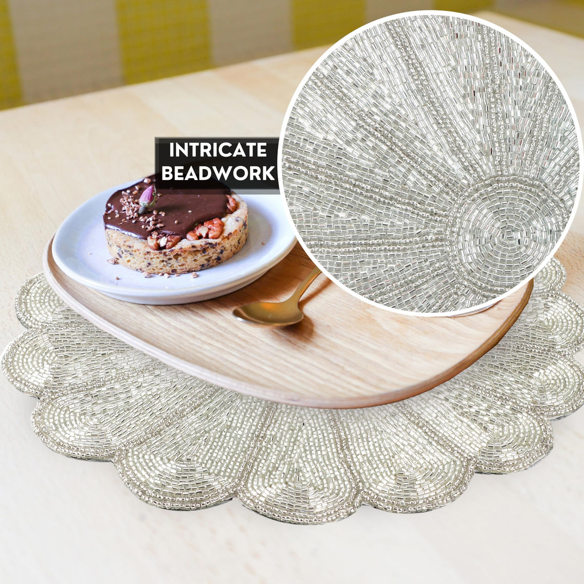 Alpha Living HOME Beaded Placemat – Handmade Glass Bead Charger Table Mat, Decorative Round Dining Decor, Set of 1 (Silver)