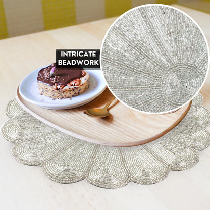 Alpha Living HOME Beaded Placemat – Handmade Glass Bead Charger Table Mat, Decorative Round Dining Decor, Set of 1 (Silver)