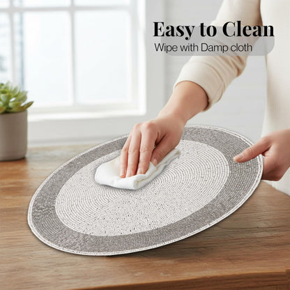 ALPHA Living HOME Silver White Beaded Placemats – 13 Inch Round Handmade Table Mats, Set of 4