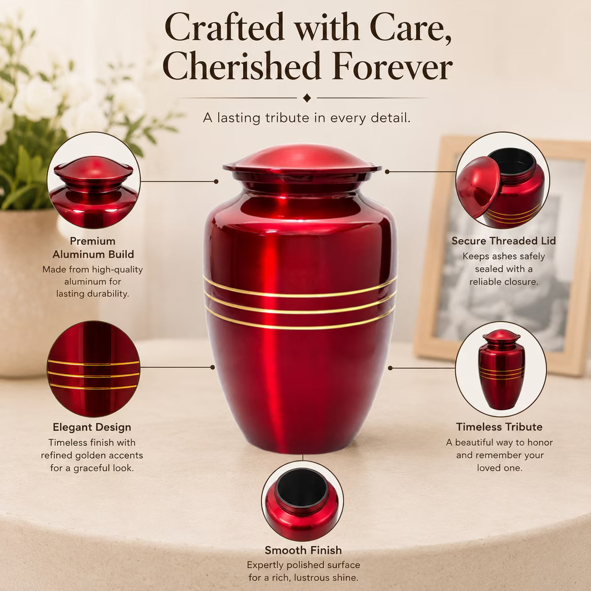 Memorials Cremation Urns for Human Ashes Cremation Urn Funeral Urns for Adult Female & Male Decorative Burial Urn Holds Large up to 220 lbs (Maroon Gold) - ALPHA Living HOME