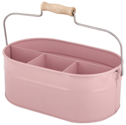 Alpha Living Home Farmhouse Utensil Caddy - 4 Compartment Silverware & Kitchen Organizer with Sturdy Wooden Handle, Heavy Duty Metal Alloy Utensil Holder Durable Powder-Coated Finish (Pink)