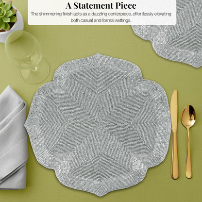 ALPHA Living HOME Silver Beaded Placemats Set of 2 Handmade Dining Mat Pair