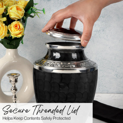 Alpha Living Home Urns for Human Ashes Adult Female and Male 200+ Cubic Inches, Decorative Burial Urn, Funeral Cremation Urns for Women and Men, Handcrafted Urn for Ashes Adult 10" Black Silver