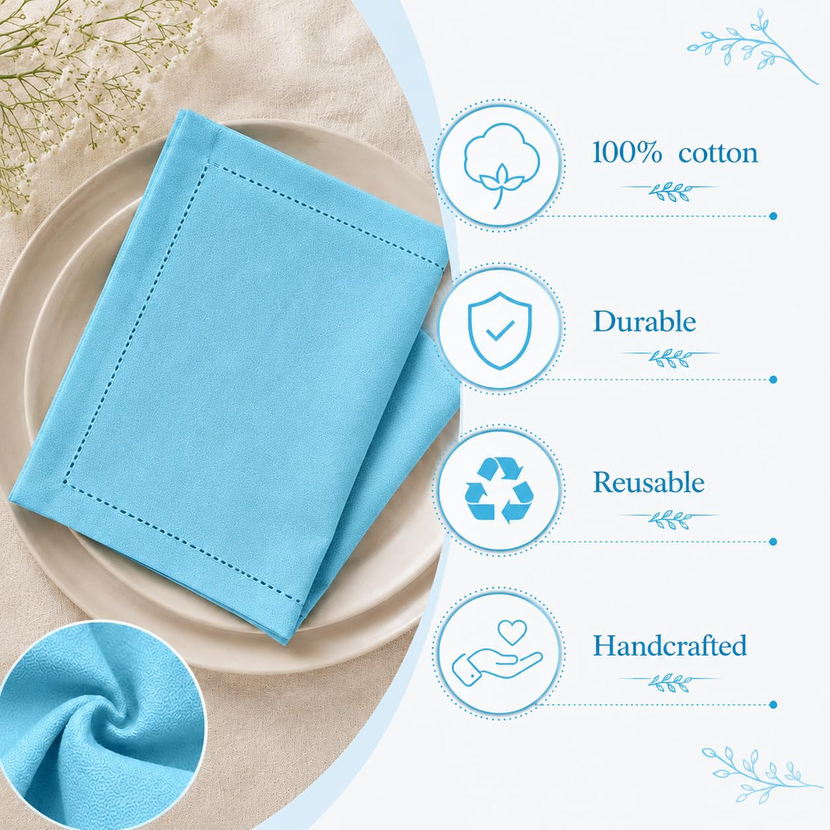 Alpha Living Home Cotton Cloth Napkins, Light Blue, Set of 12