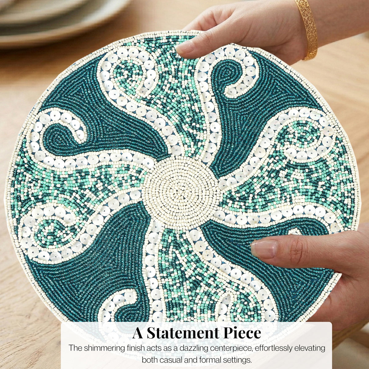 13-Inch Round Beaded Placemat, Teal Ivory, Set of 1