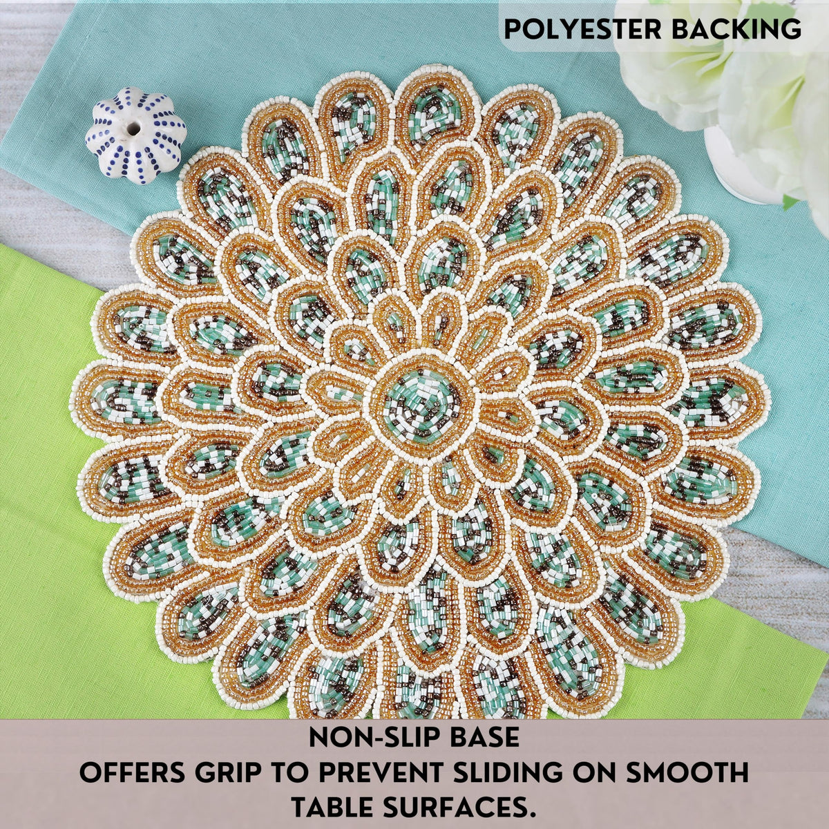 ALPHA Living HOME Beaded Placemat – Green, Gold & Ivory, 13 Inch, Set of 1