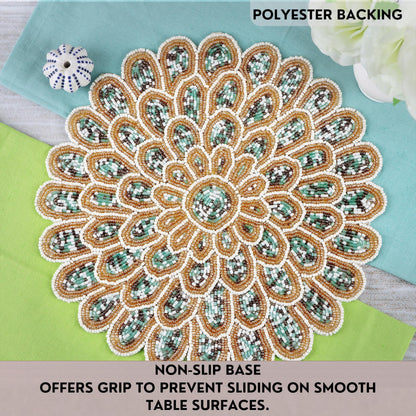 ALPHA Living HOME Beaded Placemat – Green, Gold & Ivory, 13 Inch, Set of 1
