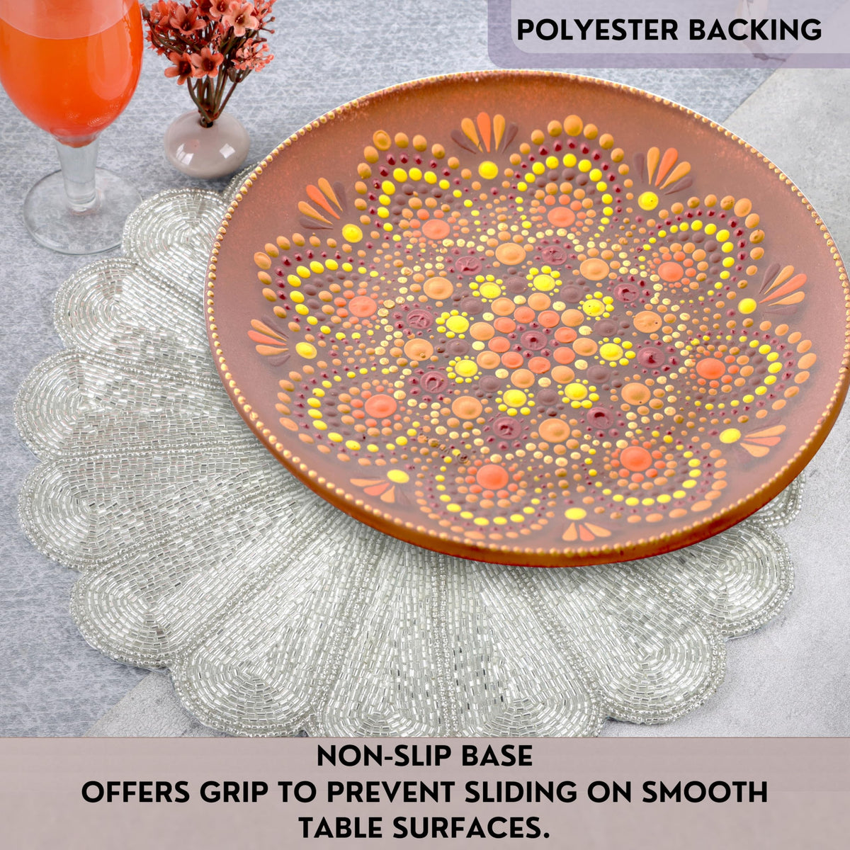 Alpha Living HOME Beaded Placemat – Handmade Glass Bead Charger Table Mat, Decorative Round Dining Decor, Set of 1 (Silver)