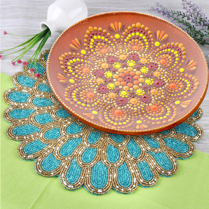 ALPHA Living HOME Handmade Beaded Placemat, 13" Round Glass Bead Table Mat, Set of 1