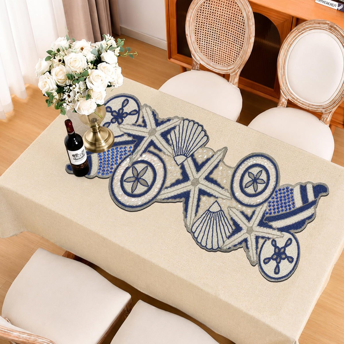 Beaded Table Runner - Handmade Glass Beads & Polyester Runner for Coffee & Dining Table, Elegant Star Pattern Decor for Home, Wedding, Holiday, Coastal or Boho Theme (Blue White) - ALPHA Living HOME