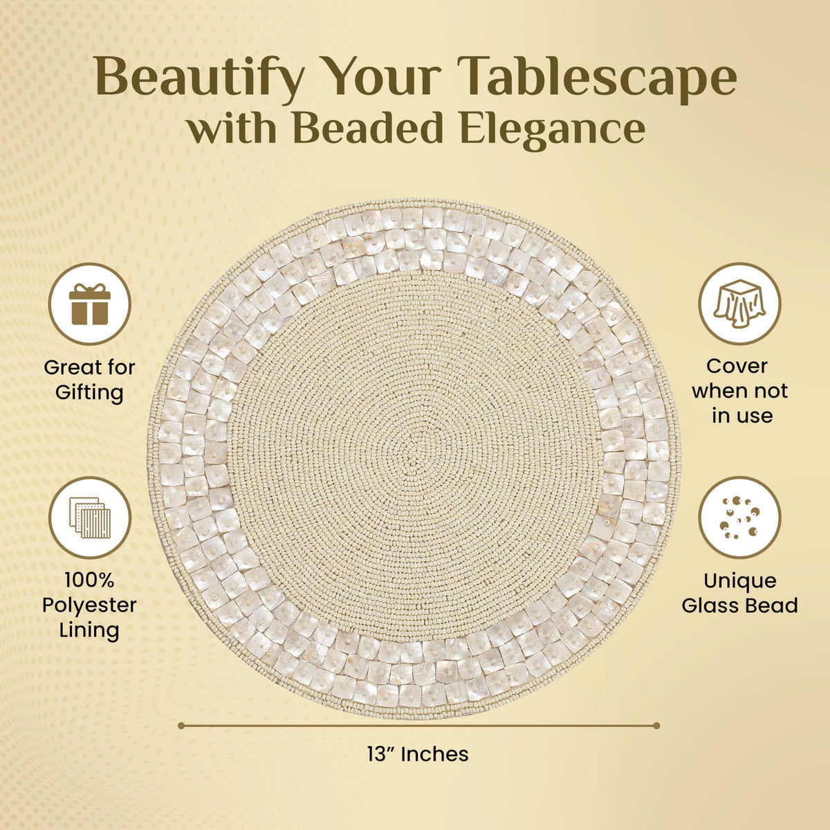 ALPHA Living HOME Ivory Beaded Placemat 13 Inch Round Glass Bead Dining Mat- Set of 1
