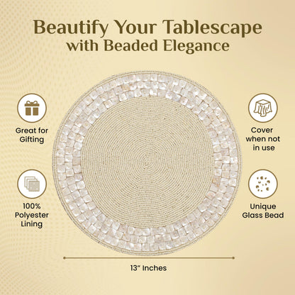 ALPHA Living HOME Ivory Beaded Placemat 13 Inch Round Glass Bead Dining Mat- Set of 1