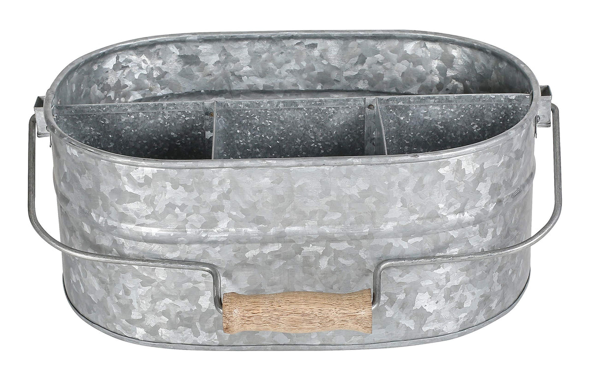 Alpha Living Home Galvanized Metal Utensil Caddy - Rustic Farmhouse Organizer Metal Garden Caddy with 4 Compartments and Wooden Handle for Kitchen, Buffet & Outdoor Events (Silver)