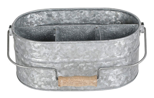 Alpha Living Home Galvanized Metal Utensil Caddy - Rustic Farmhouse Organizer Metal Garden Caddy with 4 Compartments and Wooden Handle for Kitchen, Buffet & Outdoor Events (Silver)
