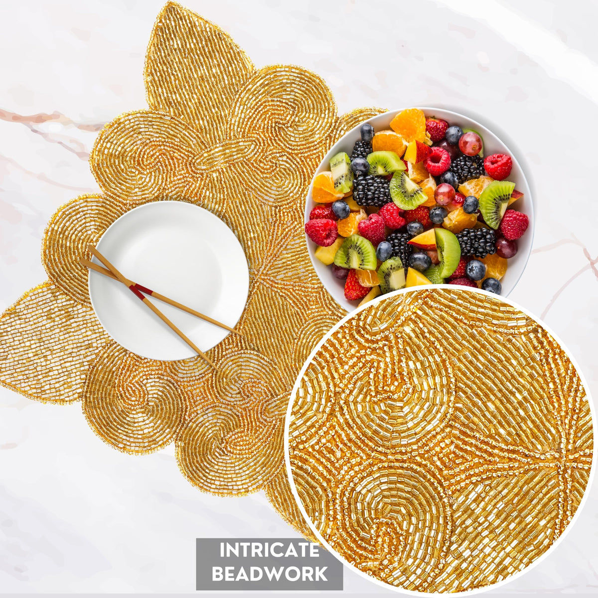 ALPHA Living HOME Square Beaded Placemats – Handmade Glass Bead Table Mats, Set of 2 (Mustard)