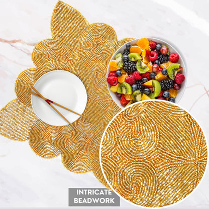 ALPHA Living HOME Square Beaded Placemats – Handmade Glass Bead Table Mats, Set of 2 (Mustard)