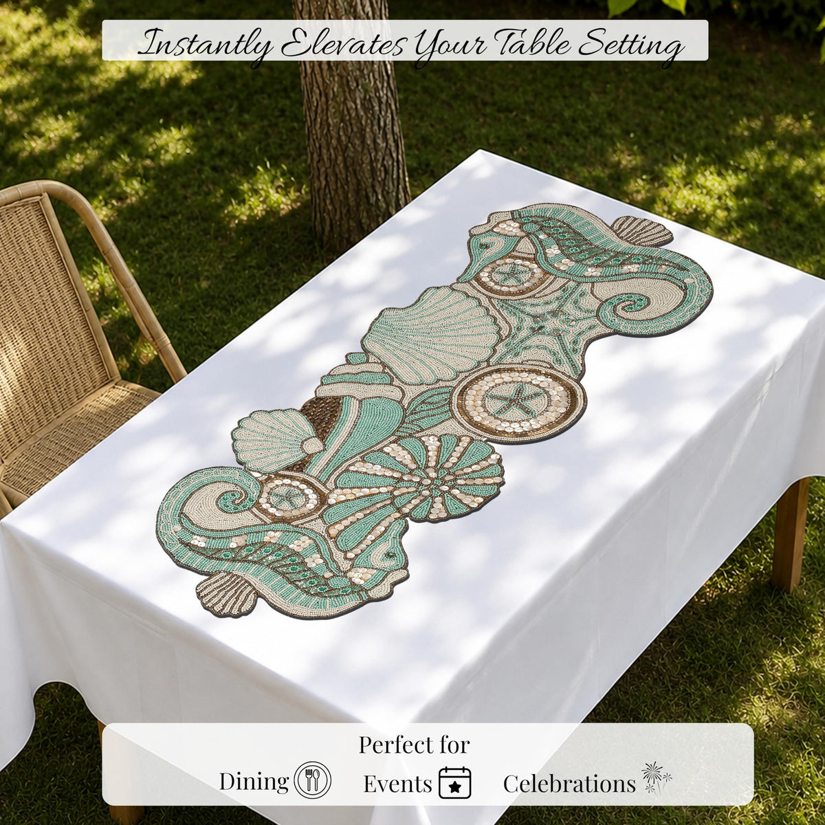 ALPHA Living HOME Handmade Beaded Runner 13x36 Inch Green Brown Table Decor