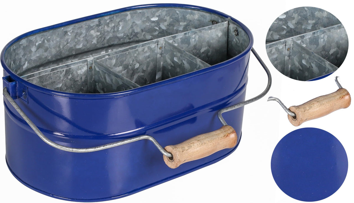 Alpha Living Home 4-Section Galvanized Utensil Caddy with Wooden Handle – Farmhouse Kitchen Organizer, Blue