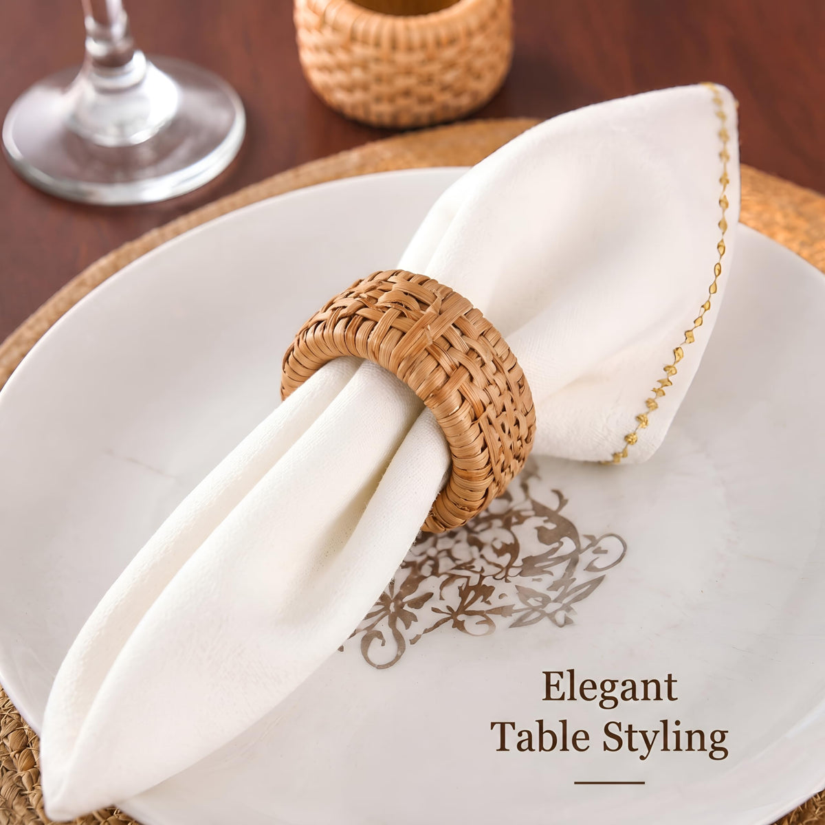 Woven Cane Napkin Rings for Table Settings,Textured Cane Napkin Holder Set of 8, Boho Chic Dining Beach House Decor & Chic Dining Accessory (Brown) - ALPHA Living HOME