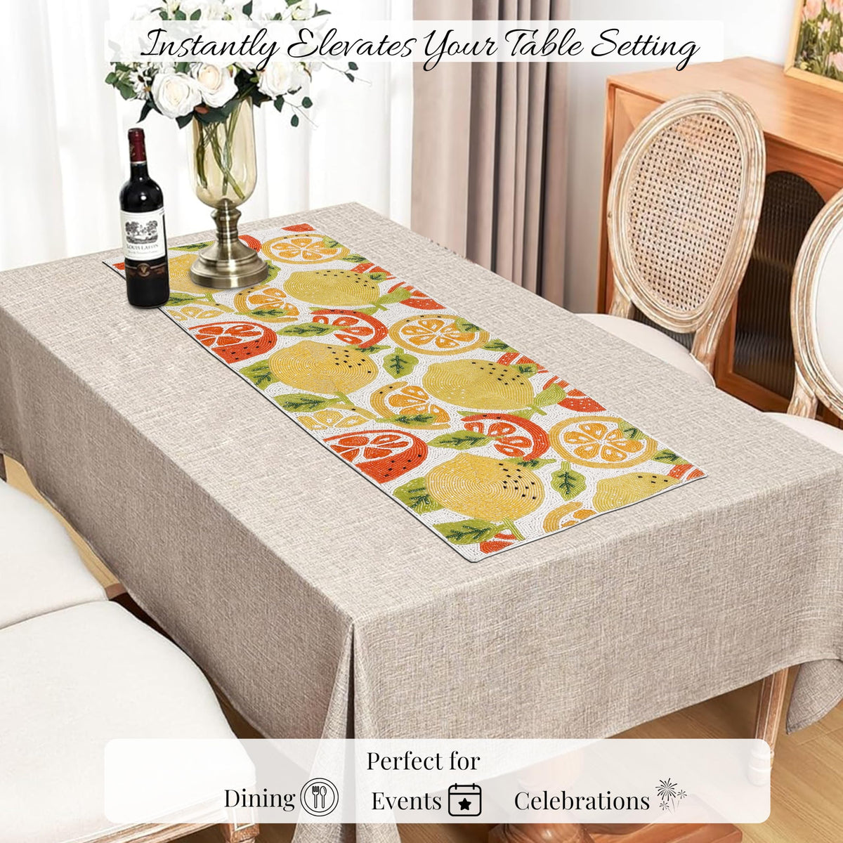 Beaded Table Runner 13 x 36 Inch - Handmade Glass Bead Decorative Runner for Dining Table, Coffee Table, Wedding, Farmhouse, Holiday & Everyday Centerpiece Decor, Medallion Orange