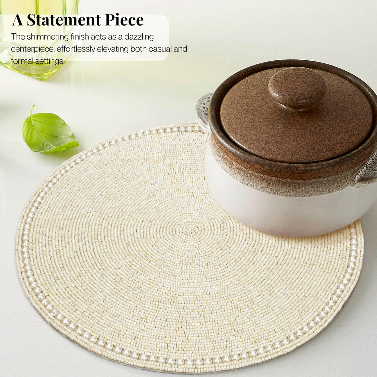 Round Beaded Placemats - Handmade Beaded Table Mat Non-Slip Polyester Backing for Dining Table Decor, Kitchen, Parties, Family Meals Pack of 2 (Ivory) - ALPHA Living HOME