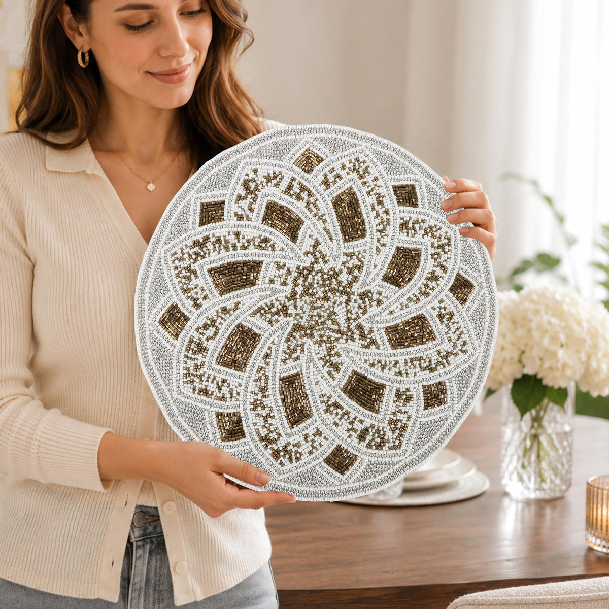 13-Inch Round Glass Beaded Placemat, Silver Brown, Set of 1