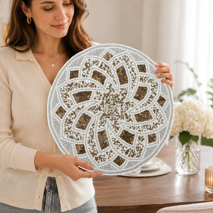 13-Inch Round Glass Beaded Placemat, Silver Brown, Set of 1