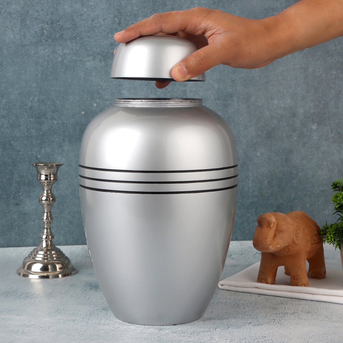 ALPHA Living HOME Handcrafted Aluminum Cremation Urn for Ashes – 10.5" Adult Funeral Memorial in Elegant with Secure Screw Lid - Silver Black