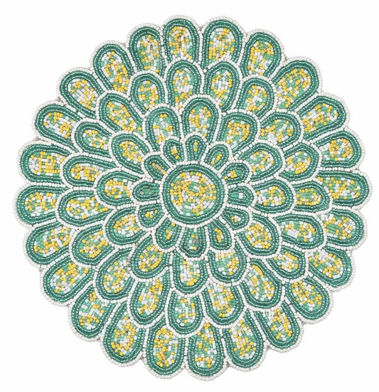 ALPHA Living HOME Round Beaded Placemat – Green & White, 13 Inch, Set of 1