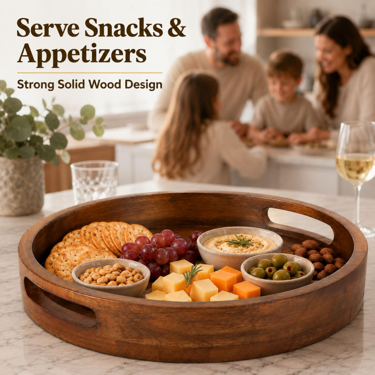Round Wooden Tray - 12" Decorative Wood Serving Tray - Perfect for Breakfast, Lunch, Dinner, Appetizers, Patio, Ottoman, Coffee Table - Durable Living Room Couch Tray (Walnut) - ALPHA Living HOME