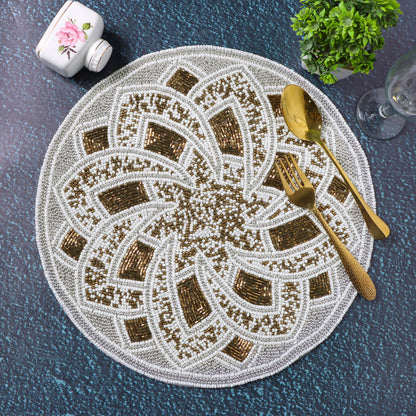 13-Inch Round Glass Beaded Placemat, Silver Brown, Set of 1