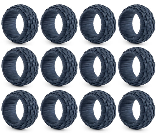 Artisan Cane Napkin Rings Set of 12, Earthy Woven Dinner Napkin Holders, Natural Bohemian Farmhouse Table Accessory for Dinner Parties & Everyday Use (Blue) - ALPHA Living HOME