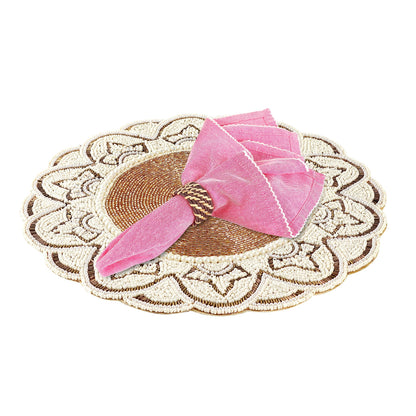 ALPHA Living HOME Glass Beaded Placemats – 13 Inch Round Charger Table Mats, Set of 2 (Ivory Gold)