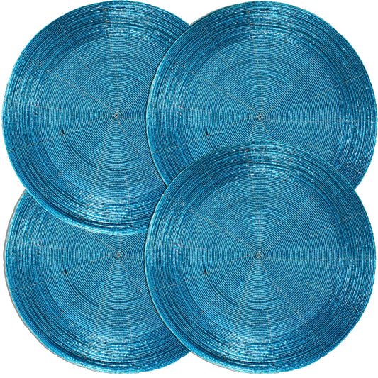 ALPHA Living HOME Round Beaded Placemats – 13 Inch Handmade Glass Bead Table Mats, Set of 4 (Blue)